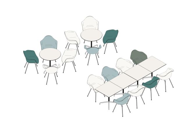 11 - Eames Contract Table 75 x 75  Ø 80, Eames Plastic Amchair DAX-3D