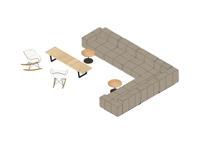 08 - Soft Modular Sofa, Ocassional Low Table, Eames RAR, Nelson Bench -3D